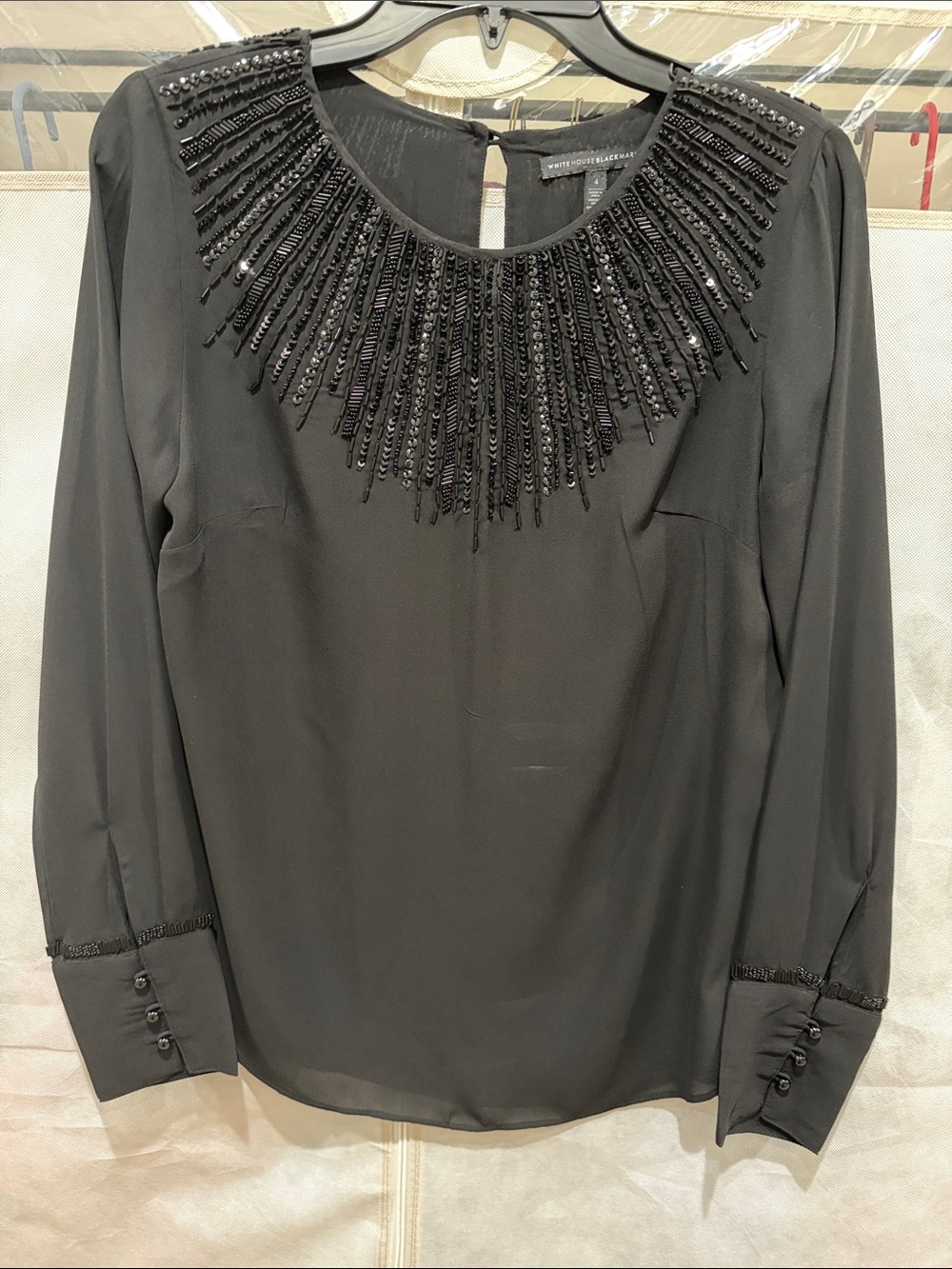 White House Black Market blouse with beaded Neckline Long-Sleeve - Black